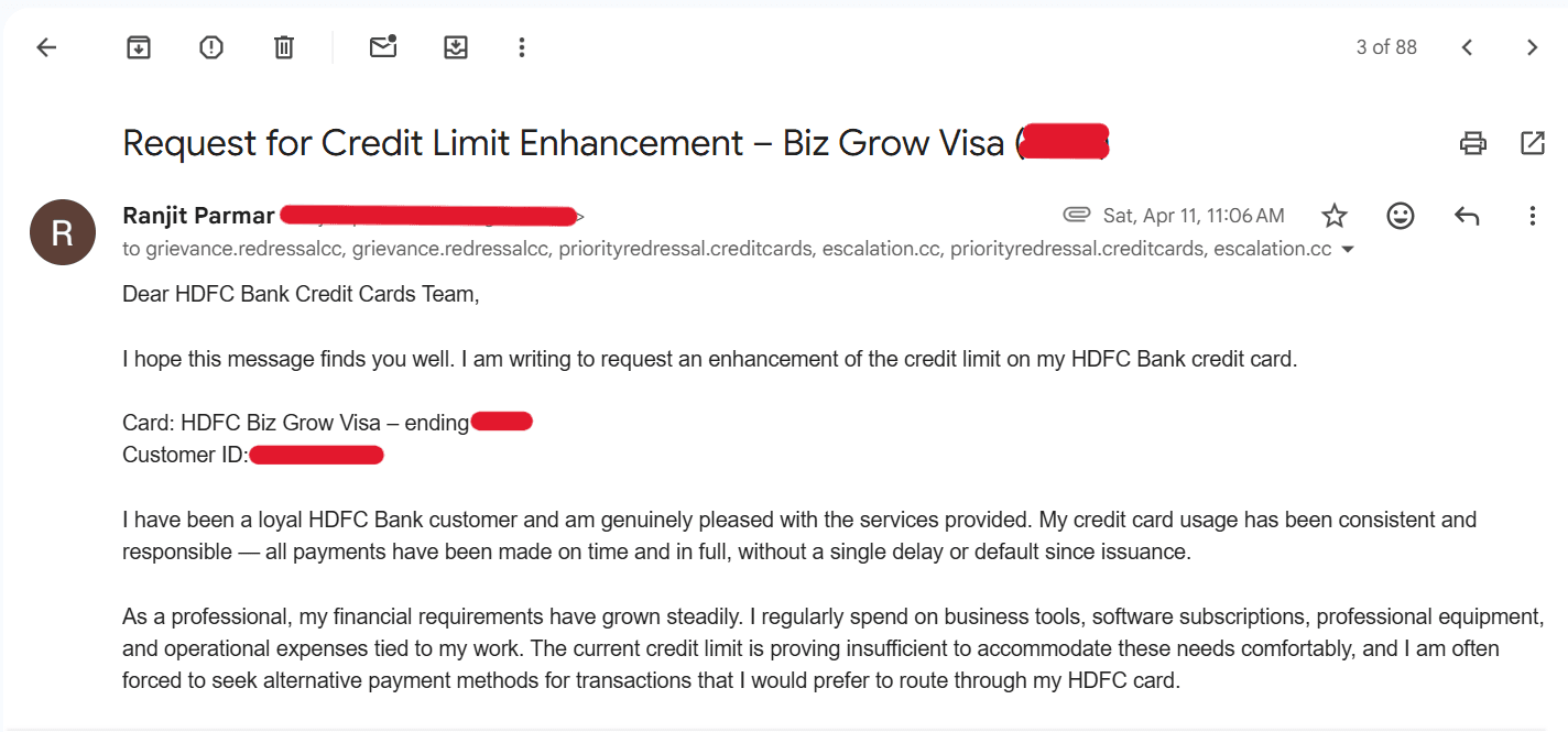 Email sent to HDFC grievance team on April 11, 2026 requesting credit limit enhancement for Biz Grow Visa ending 3871