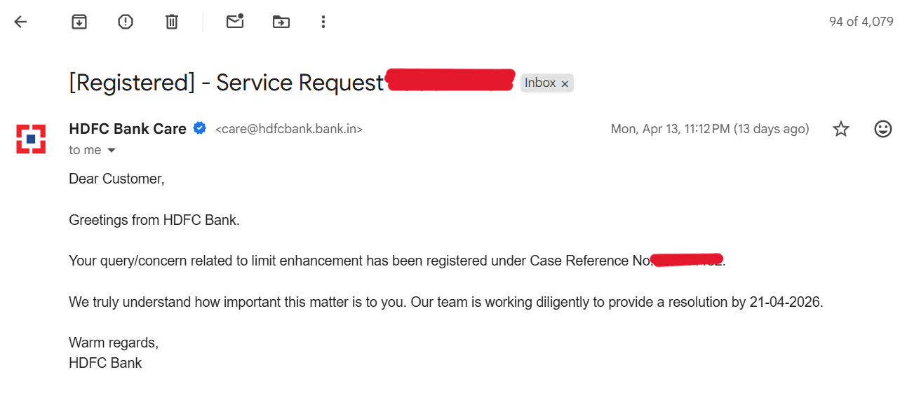 HDFC Bank interim acknowledgement email with reference number and resolution date