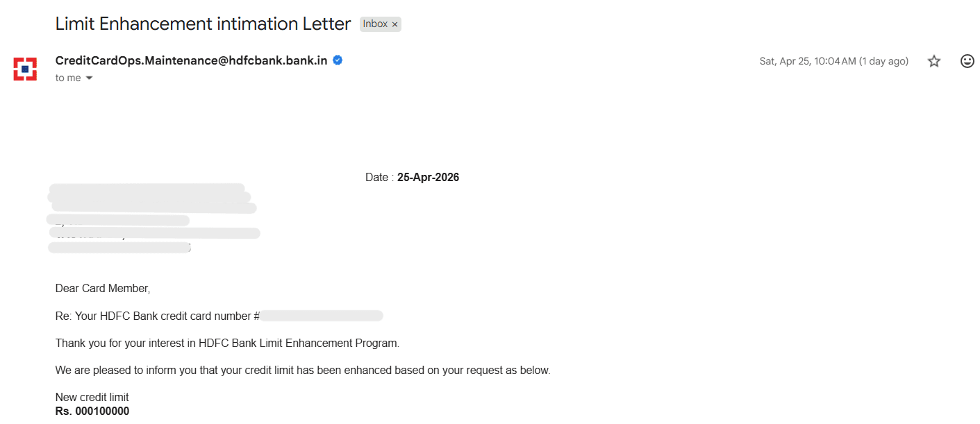 HDFC Bank credit limit enhancement confirmation email — new total limit ₹1,00,000