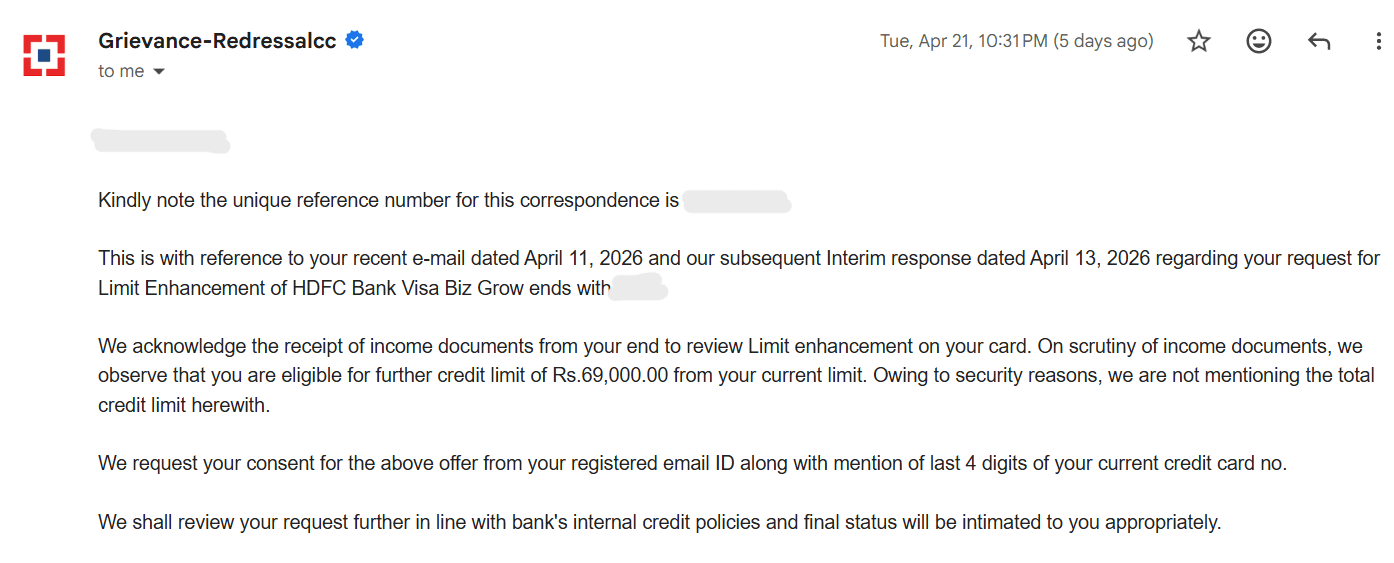 HDFC Bank offer email showing ₹69,000 additional credit limit approved based on income document review